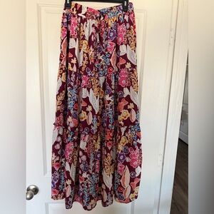 Floral Tiered Maxi Skirt in Burgundy and Multi